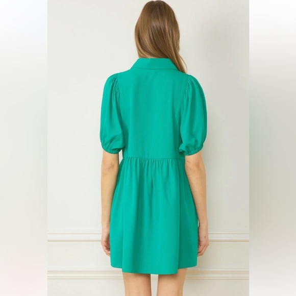 ENTRO Kelly Green Babydoll Style Collared Puff Sleeve Dress Pearl Snap - Picture 11 of 11
